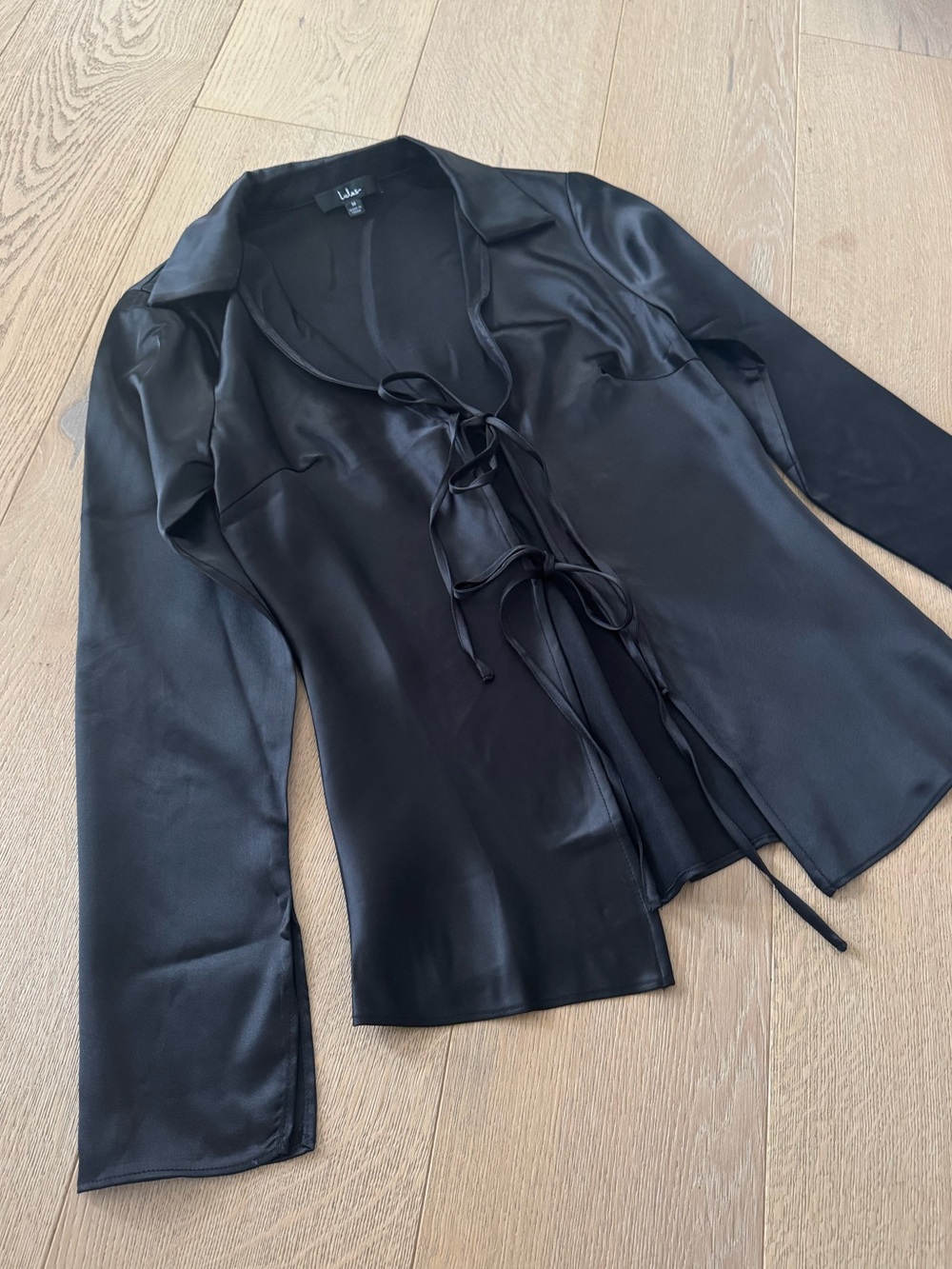 Lulus Coveted Aesthetic Black Tie-Front Long Sleeve Collared Top Medium - Picture 6 of 11
